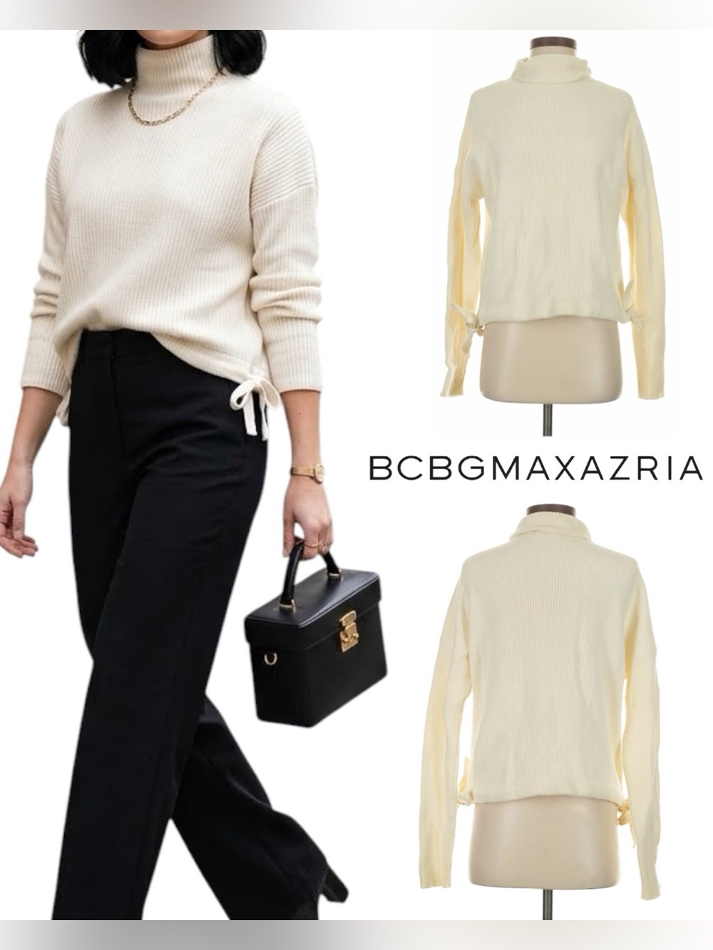 BCBGMaxAzria | NWOT Cotton Wool Cream Ribbed Side Tie Turtleneck Sweater (XS/S)
